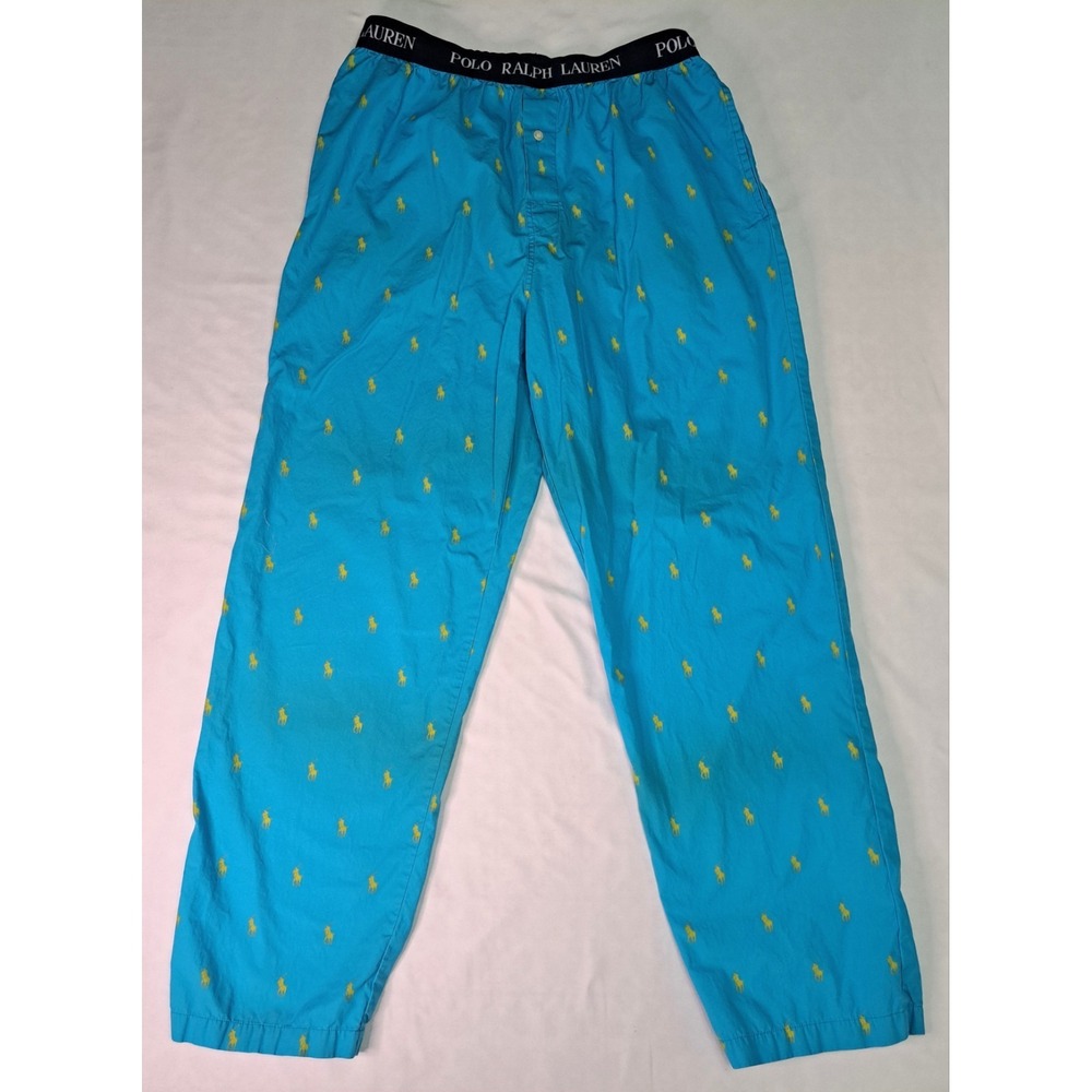 Polo Ralph Lauren Men's Lounge Pants Blue Yellow Pony Print Logo M 100% Cotton‎